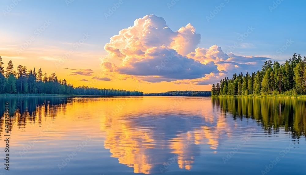 A single fluffy cloud casts a long shadow over a calm lake at sunset