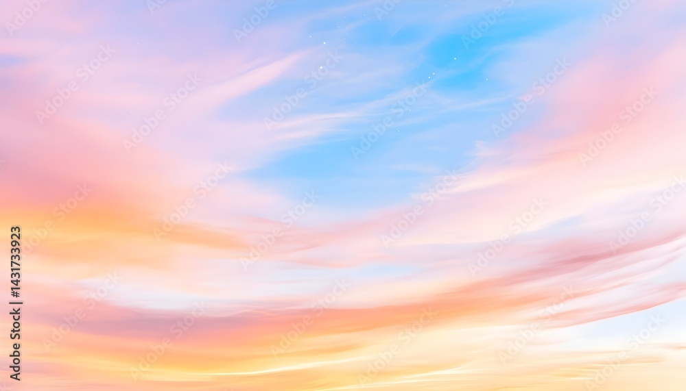 A sky filled with wispy clouds, painted in hues of pink, orange and blue
