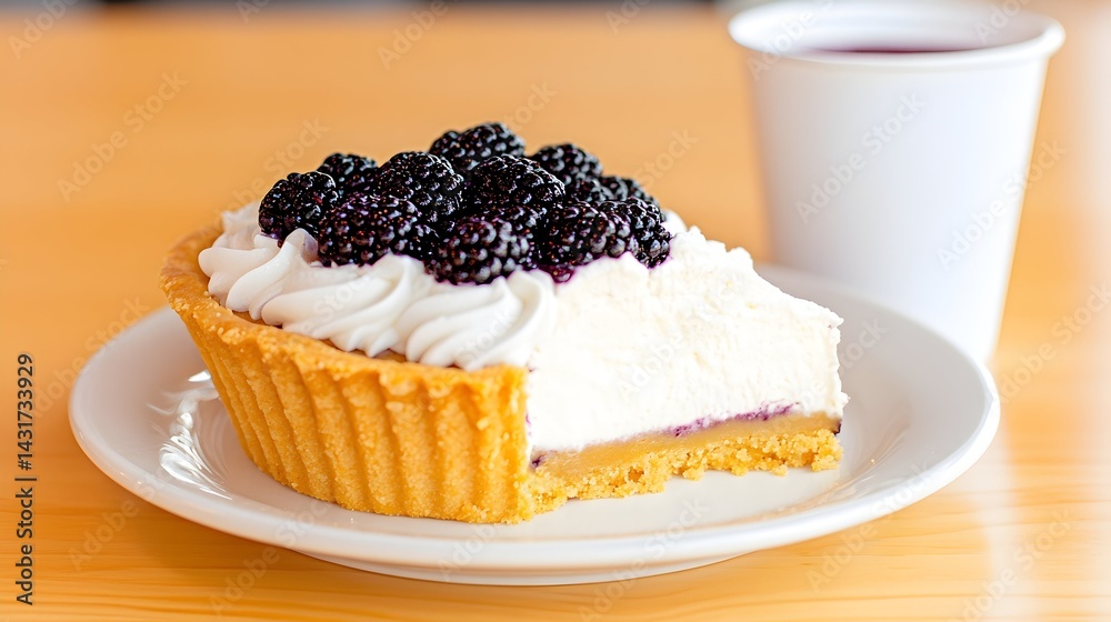 A slice of blackberry cream pie on a white plate with a cup of tea on a wooden table