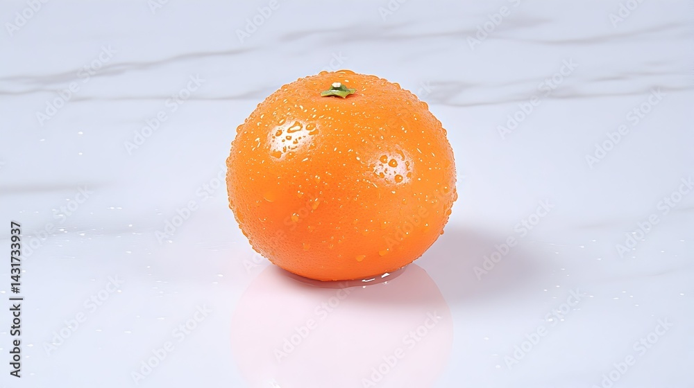 A single orange with water droplets on a white marble surface