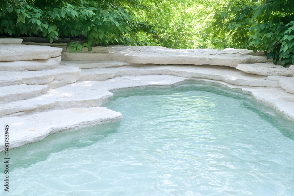 A serene pool of clear water nestled in a white rock formation surrounded by lush greenery