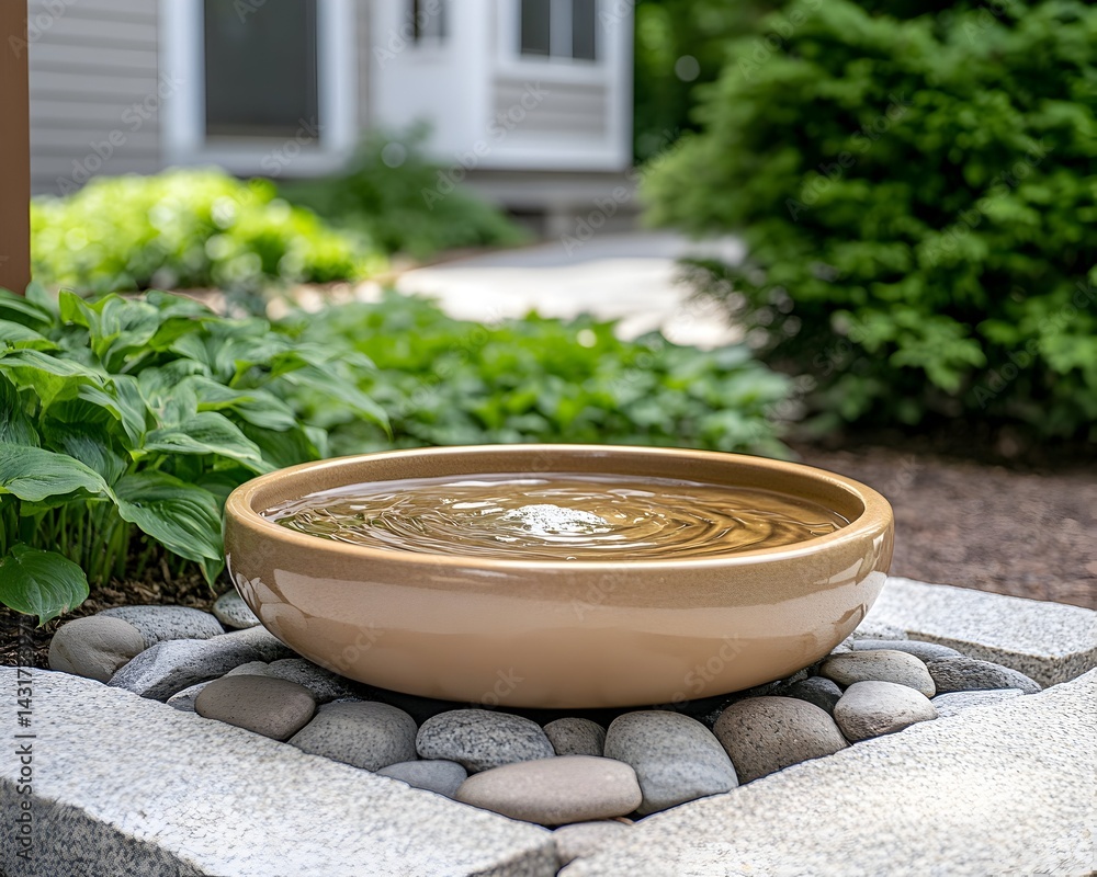 A small, brown, round water feature with a rippling surface sits on a bed of gray stones in a garden