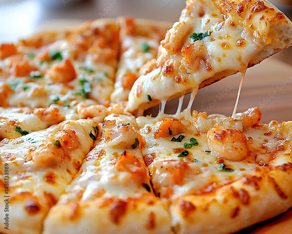 A slice of pizza with shrimp and cheese being lifted from the whole pizza