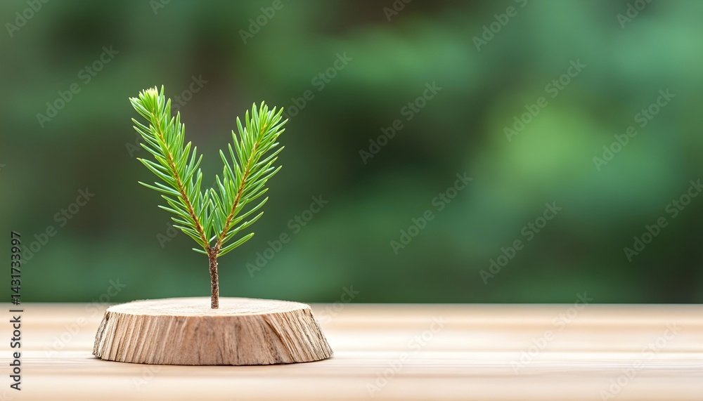 A small evergreen tree sapling growing on a wooden stump against a blurred green background