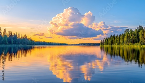 Obraz na płótnie A single fluffy cloud casts a long shadow over a calm lake at sunset w salonie
