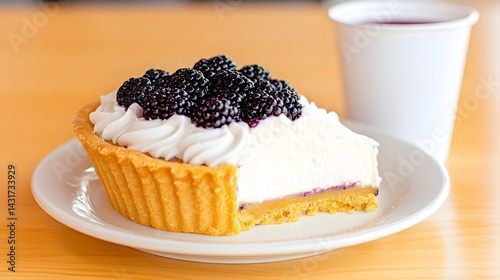 Obraz na płótnie A slice of blackberry cream pie on a white plate with a cup of tea on a wooden table w salonie