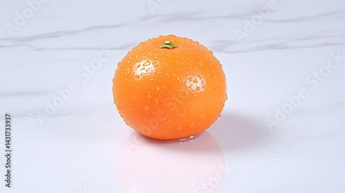 Obraz na płótnie A single orange with water droplets on a white marble surface w salonie