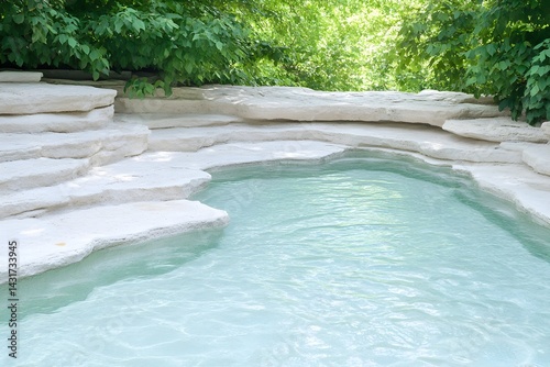 A serene pool of clear water nestled in a white rock formation surrounded by lush greenery