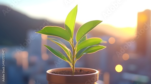 Obraz na płótnie A small potted plant with green leaves growing against a blurred cityscape at sunset w salonie
