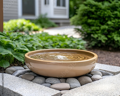 Obraz na płótnie A small, brown, round water feature with a rippling surface sits on a bed of gray stones in a garden w salonie