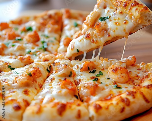 Obraz na płótnie A slice of pizza with shrimp and cheese being lifted from the whole pizza w salonie