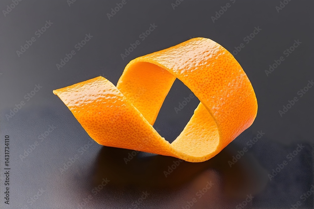 A spiral of orange peel on a dark background