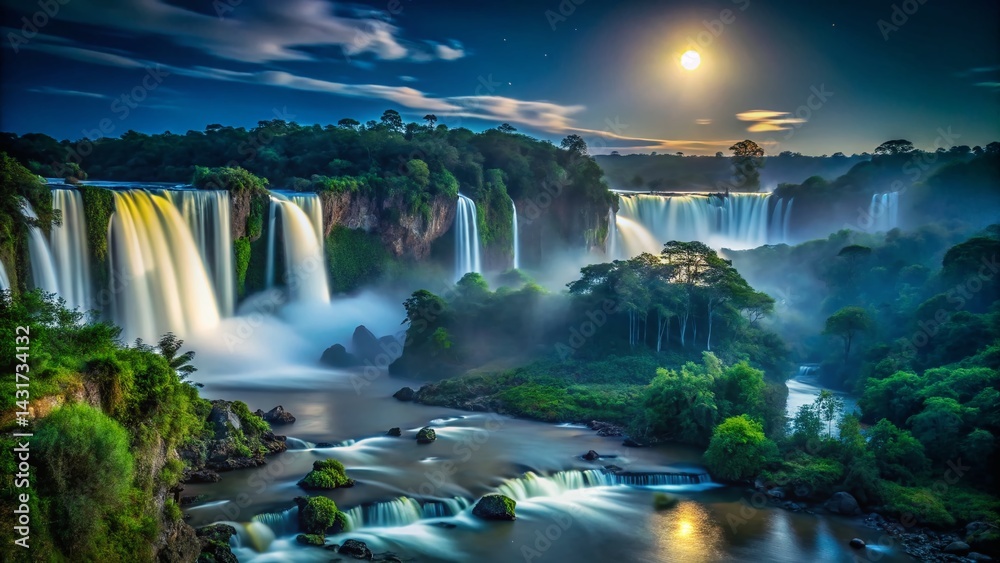 Majestic Iguazu Falls Night Photography: Panoramic Jungle View