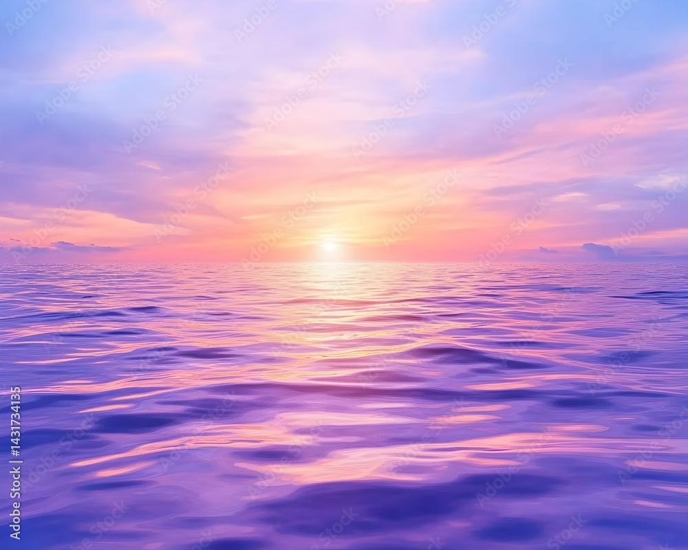 Naklejka premium A vibrant sunset over the calm ocean, with a bright sun reflecting in the water