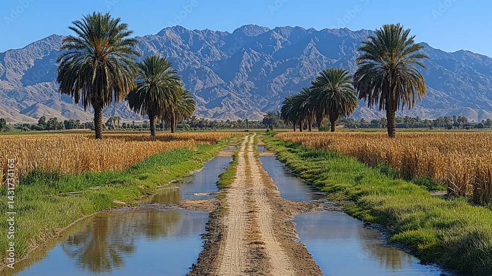Obraz premium Serene Oasis: Palm Trees, Irrigation Canal, and Majestic Mountains