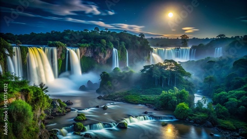 Obraz na płótnie Majestic Iguazu Falls Night Photography: Panoramic Jungle View w salonie