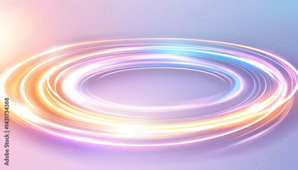 Abstract glowing light rings in pink, blue and yellow on a soft background