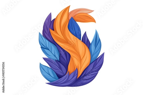 Abstract illustration of stylized leaves in orange, blue, and purple