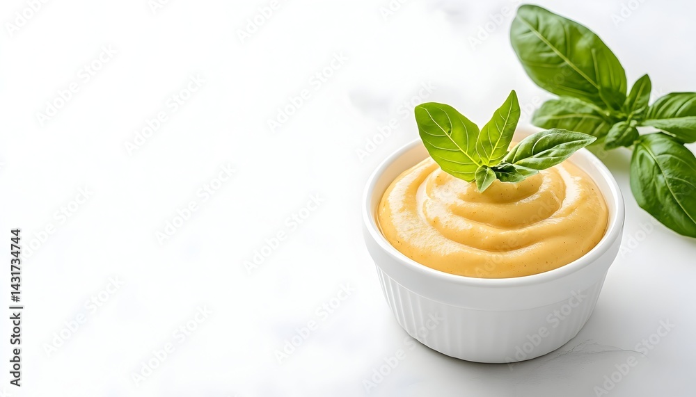Creamy yellow sauce in a white bowl with fresh basil leaves on white background