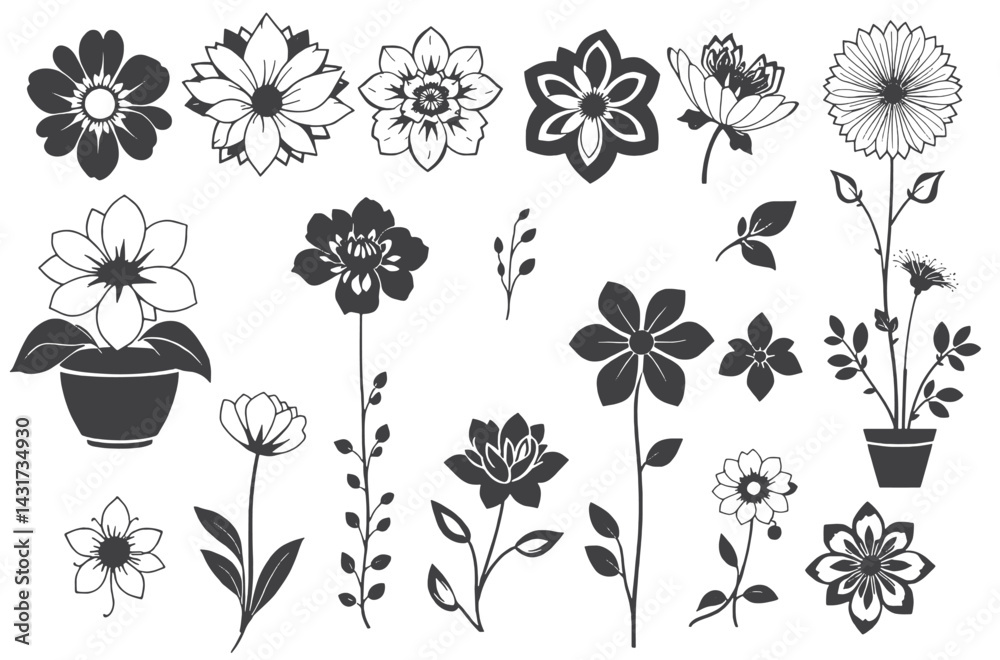 Black flower vector set feature abstract floral design silhouettes, and geometric patterns. Black flower vector set feature abstract floral design silhouettes, and geometric patterns.