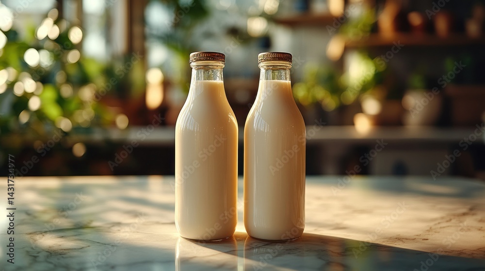 Two glass milk bottles on a marble table Two glass milk bottles on a marble table