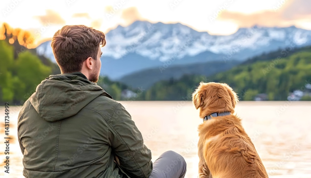 Man and dog watching sunset over mountains and lake