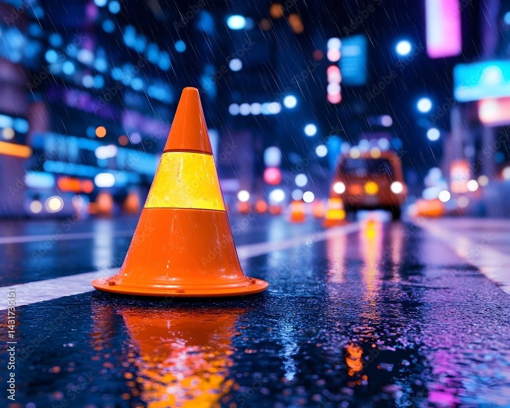 Orange traffic cone on wet asphalt city street at night