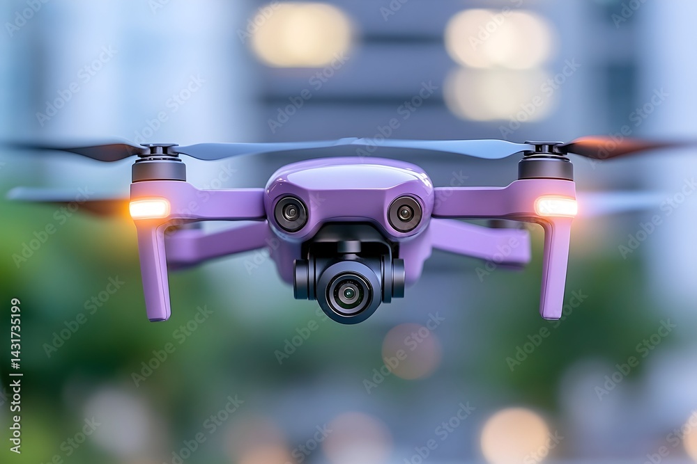 Purple drone flying with cityscape in background