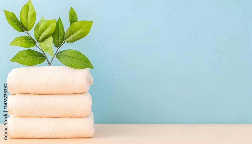 Stacked white towels with green leaves against a blue background