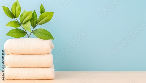 Obraz na płótnie Stacked white towels with green leaves against a blue background w salonie