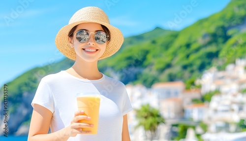 Obraz na płótnie Smiling woman in a straw hat holding a yellow beverage, with a town and sea in the background w salonie