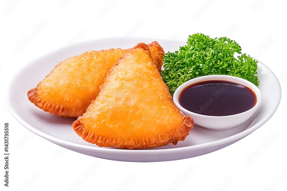 Two golden fried pastries on a white plate with a small bowl of dipping sauce and parsley garnish