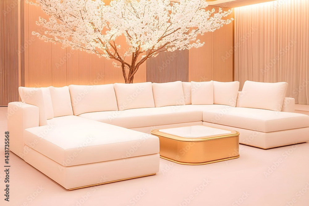 White sectional sofa with a gold coffee table in a minimalist living room with a white flowering tree