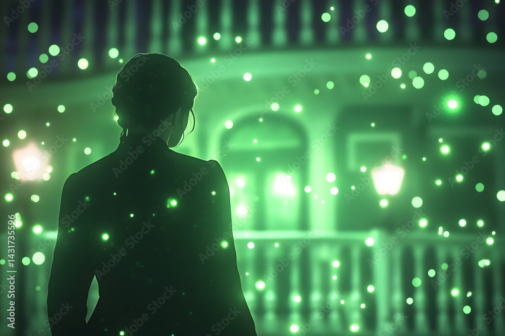 Woman in silhouette standing in front of a house with green lights
