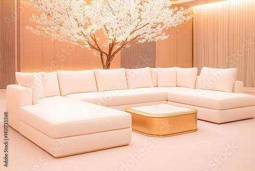 Obraz na płótnie White sectional sofa with a gold coffee table in a minimalist living room with a white flowering tree w salonie