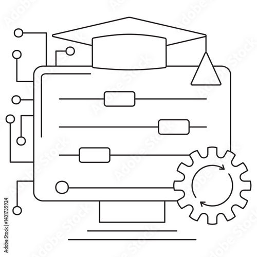 Icon of AI parameterization process showing adjustable sliders and a gear symbol on a computer screen. Vector pictogram with thin black lines, editable line thickness for customization