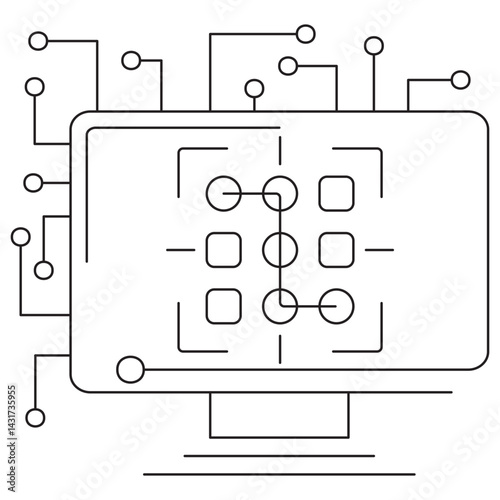 Icon of AI pattern recognition featuring an abstract neural grid and target frame on a computer screen. Vector pictogram with thin black lines on transparent background, editable line thickness