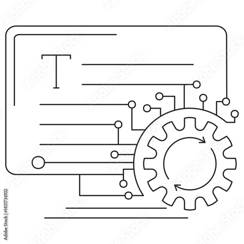 Icon of AI text processing showing a computer screen with text lines, gear, and digital circuits. Vector pictogram with thin black lines on transparent background, editable line thickness