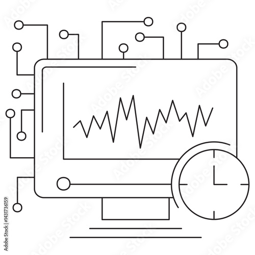 Icon of time series analysis in AI featuring a monitor with a fluctuating line graph and clock, surrounded by circuit lines. Vector pictogram with thin black lines on transparent background, editable 