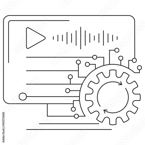 Icon of text and audio processing in AI featuring a monitor with waveform, play button, and gear, surrounded by circuit lines. Vector pictogram with thin black lines on transparent background, editabl