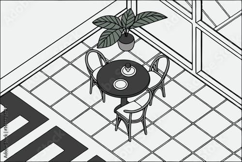 35 Top-down view, circular black table, four wooden chairs, minimalist dining set, green plant centerpiece, geometric composition, modern interior design, symmetrical layout, overhead perspective, con
