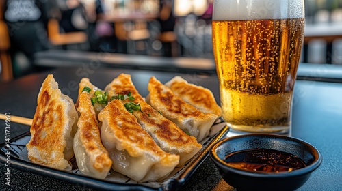Enjoying delicious gyozas with refreshing beer and soy sauce photo