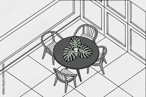 35 Top-down view, circular black table, four wooden chairs, minimalist dining set, green plant centerpiece, geometric composition, modern interior design, symmetrical layout, overhead perspective, con