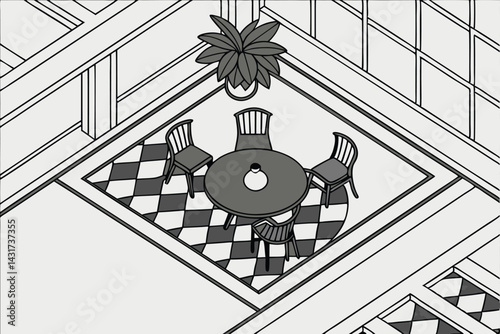 35 Top-down view, circular black table, four wooden chairs, minimalist dining set, green plant centerpiece, geometric composition, modern interior design, symmetrical layout, overhead perspective, con