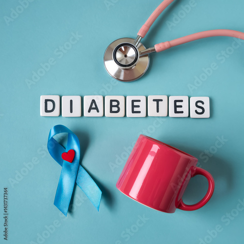 A medical-themed flat lay photograph on a light blue background photo