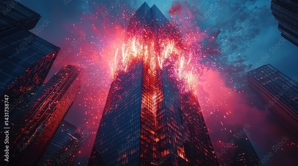 Naklejka premium Burning Skyscraper Cityscape