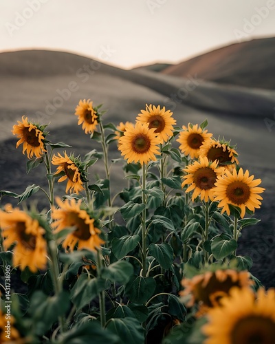 Minimalist Botanical Artwork of Vibrant Yellow Flowers Set Against a Textured Grey Abstract Landscape