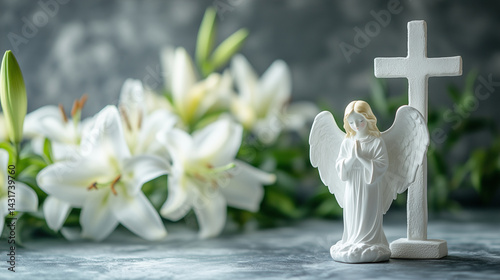Funeral card, small figurine of a white angel, christian cross and white lilies in background. Mockup for death card, condolences.