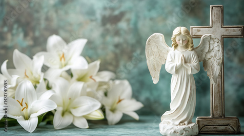 Funeral card, small figurine of a white angel, christian cross and white lilies in background. Mockup for death card, condolences.