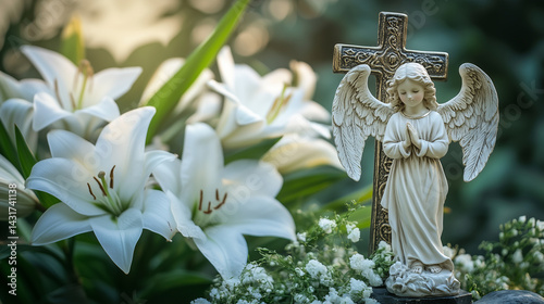 Funeral card, small figurine of a white angel, christian cross and white lilies in background. Mockup for death card, condolences.